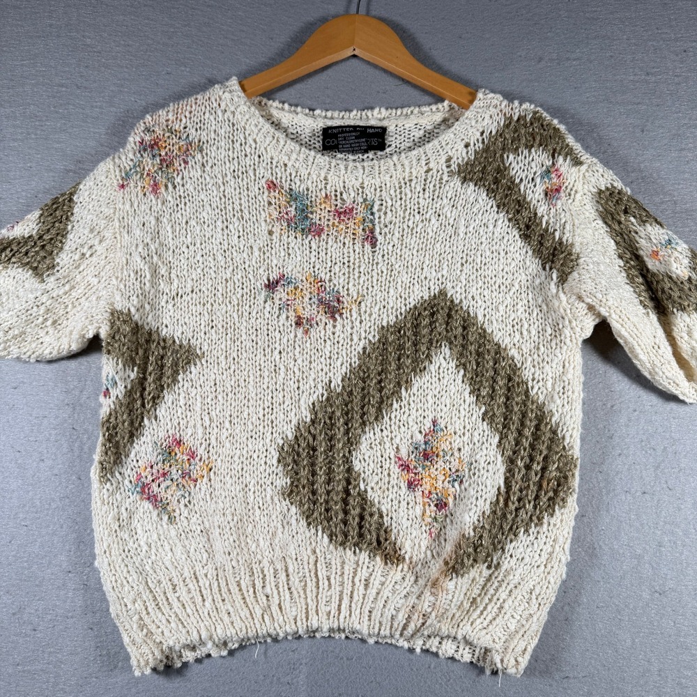 Counterparts Womens Hand Knit Sweater Cream Olive Floral Diamond Short Sleeve XS